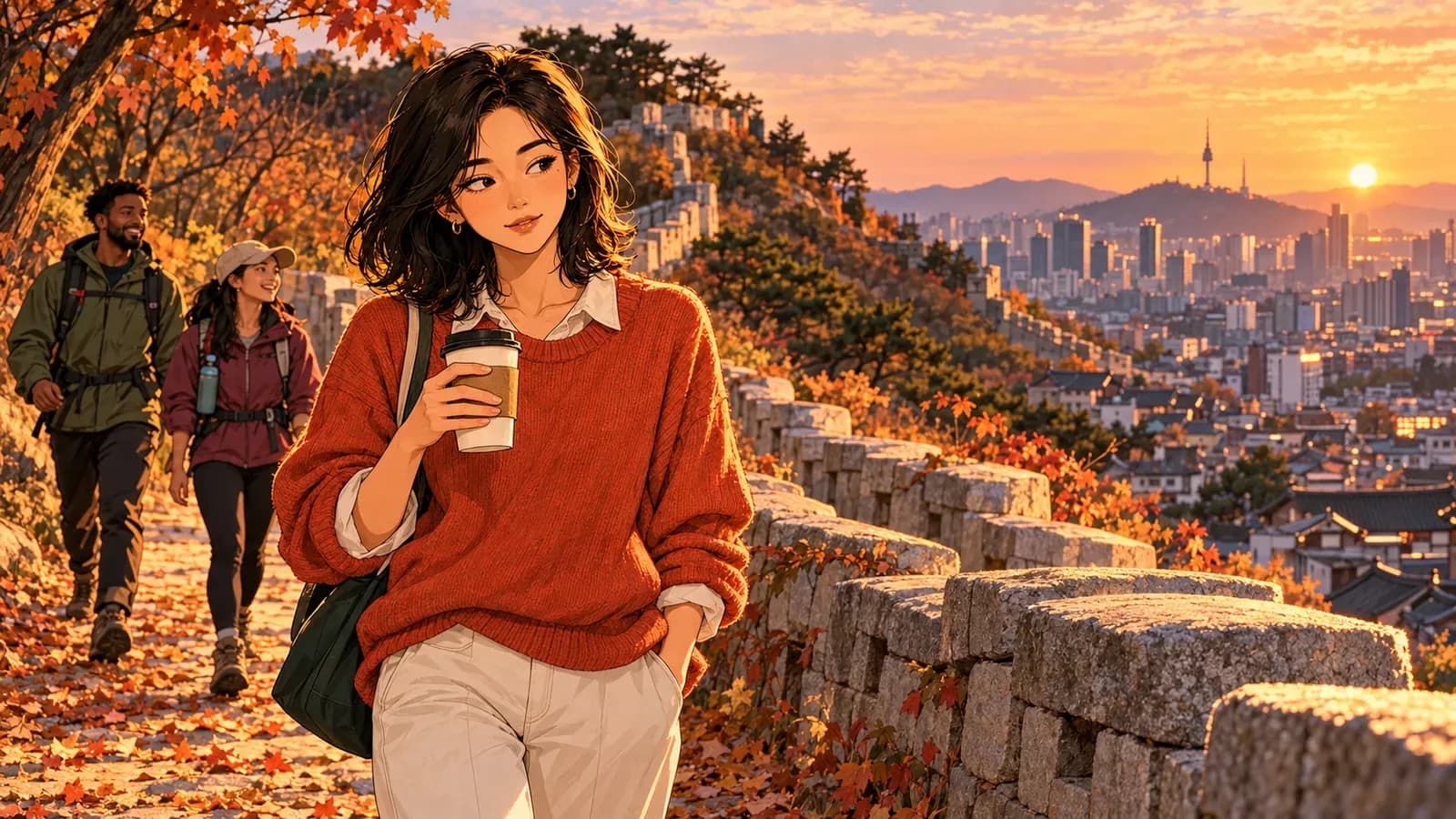 At sunset in autumn, Mina walks beside a granite stretch of the Seoul City Wall holding a coffee cup, with two hikers behind her and the city and Namsan Tower in the distance.