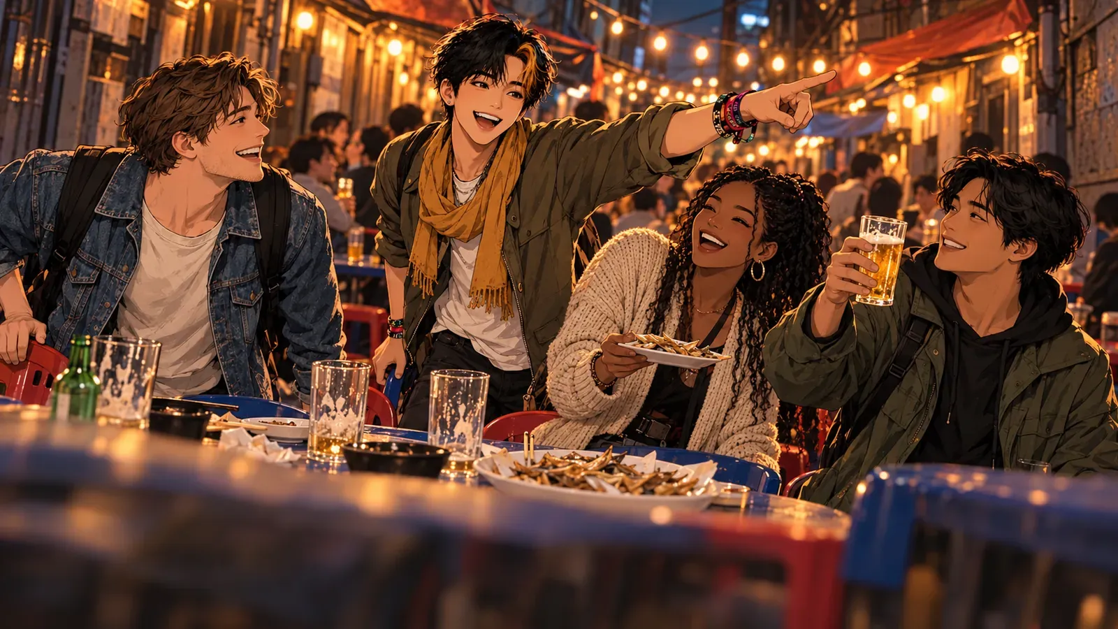 Plastic tables and draft beer in Euljiro Nogari Alley at night