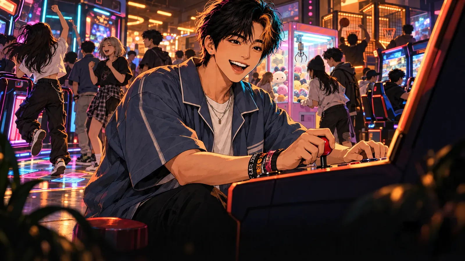 Joon plays a joystick arcade game in a brightly lit game hall with claw and rhythm machines behind him