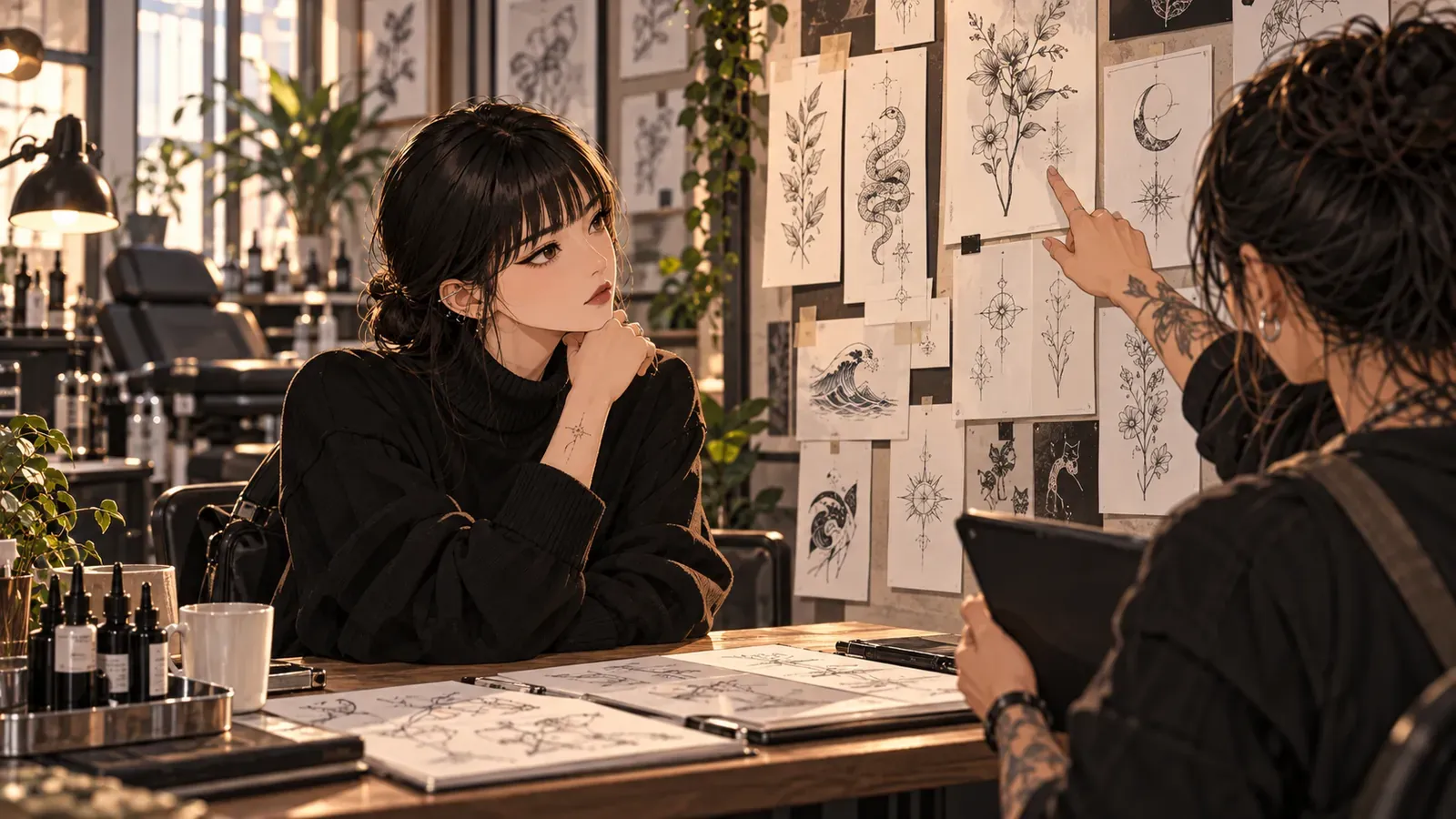 A tattoo artist and client discuss designs displayed on a studio wall