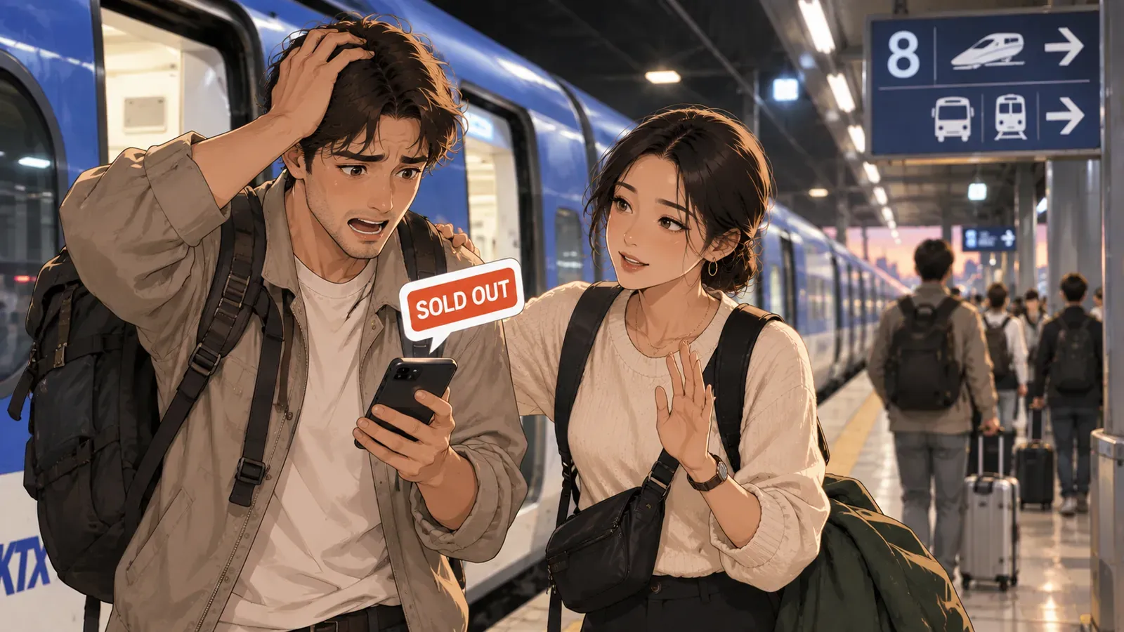 列車のホーム脇で、満席の表示を見ている旅行者2人。