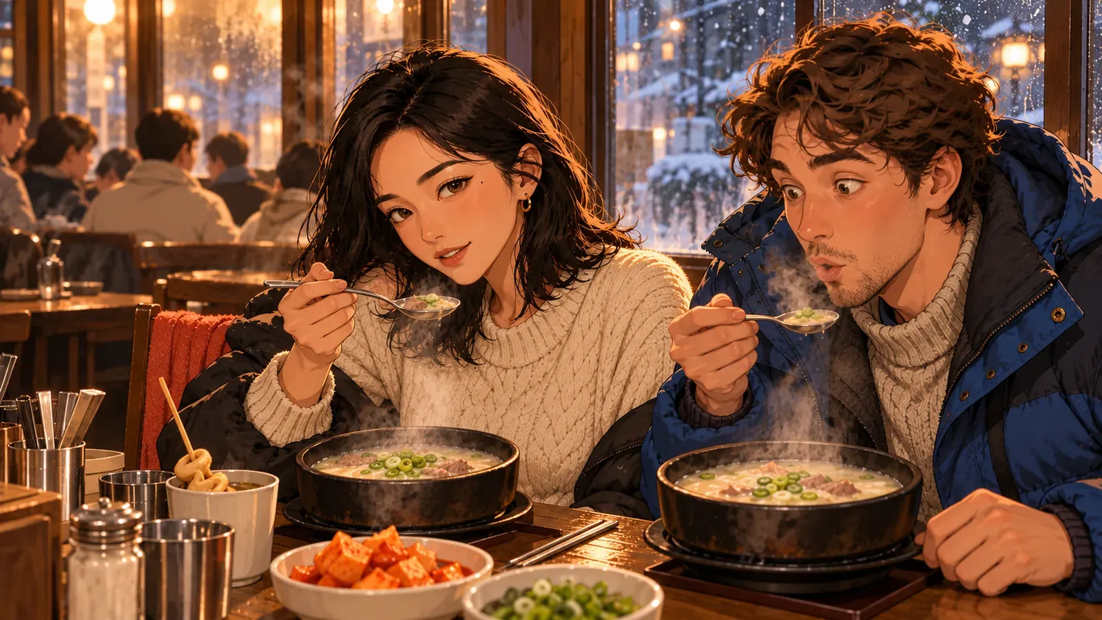 雪の降る窓辺の食堂で、ミナと青いダウンジャケットの旅行者が、湯気の立つ乳白色のスープに匙を運ぶ。旅行者は熱さに驚いている。