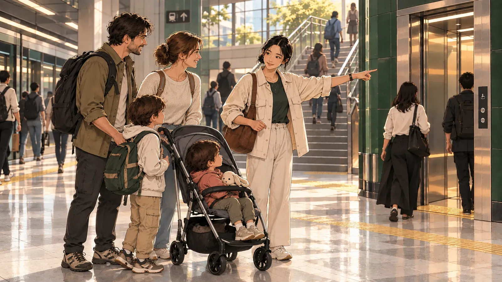 Soo points a family with two children and a stroller toward an elevator in a Seoul subway station