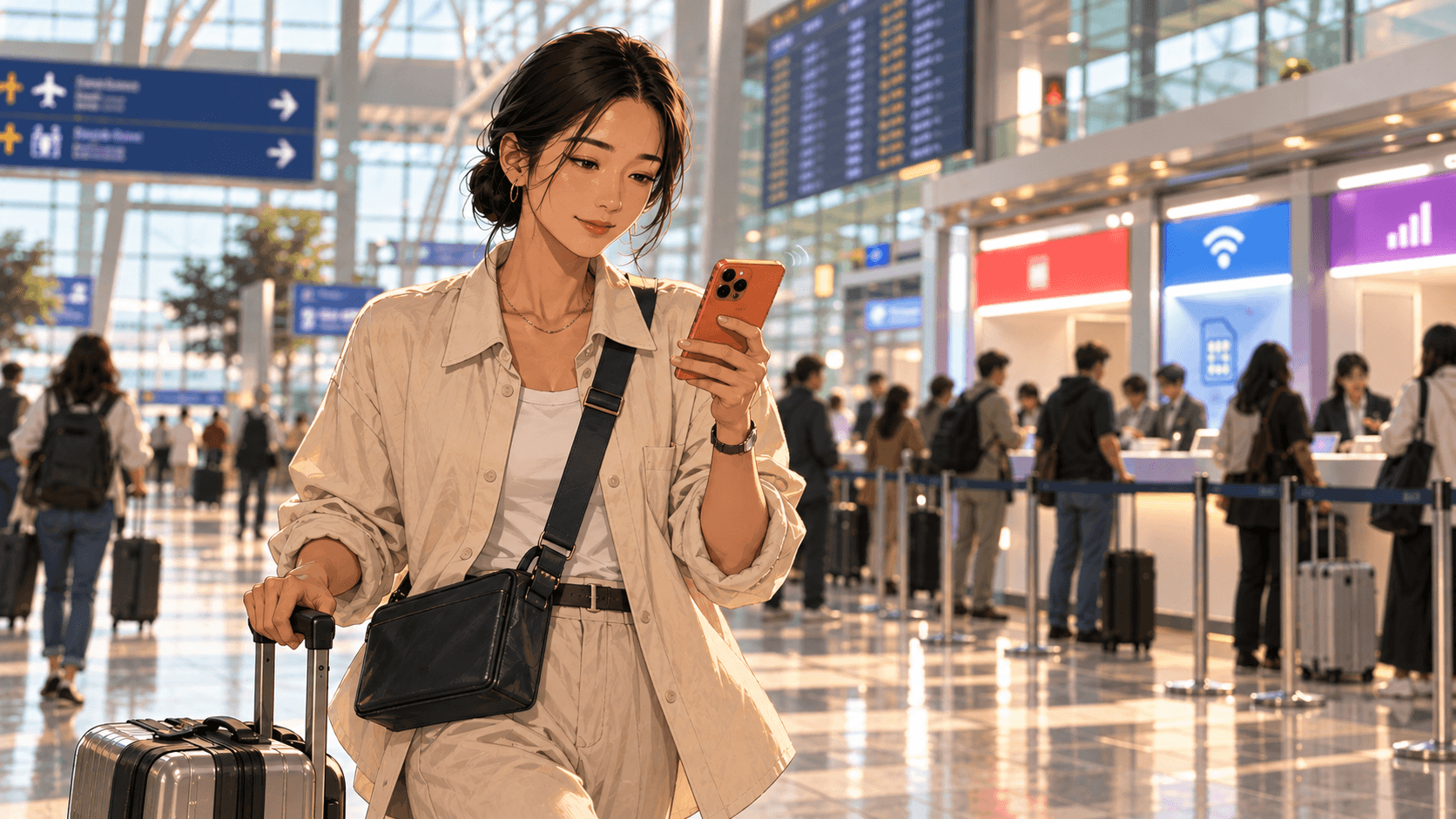 Checking an eSIM connect the moment she lands at Incheon