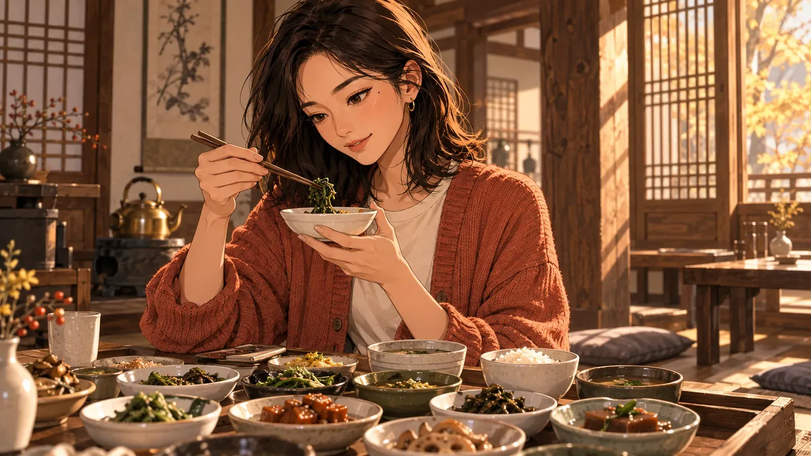 A diner eats among bowls of Korean side dishes at a restaurant