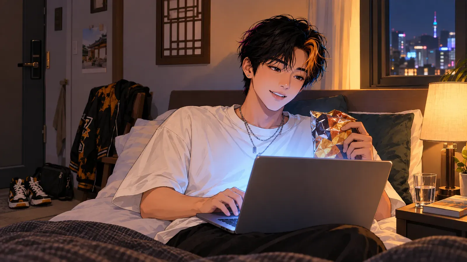 A traveler watches a video on a laptop in a room at night