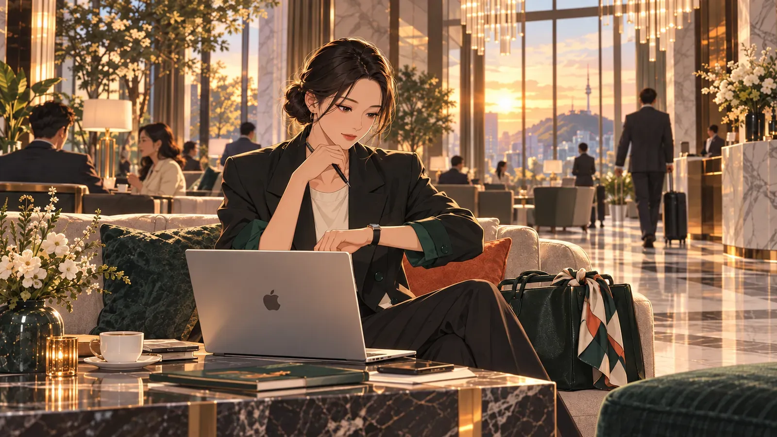 A traveler uses a laptop in a Seoul hotel lounge