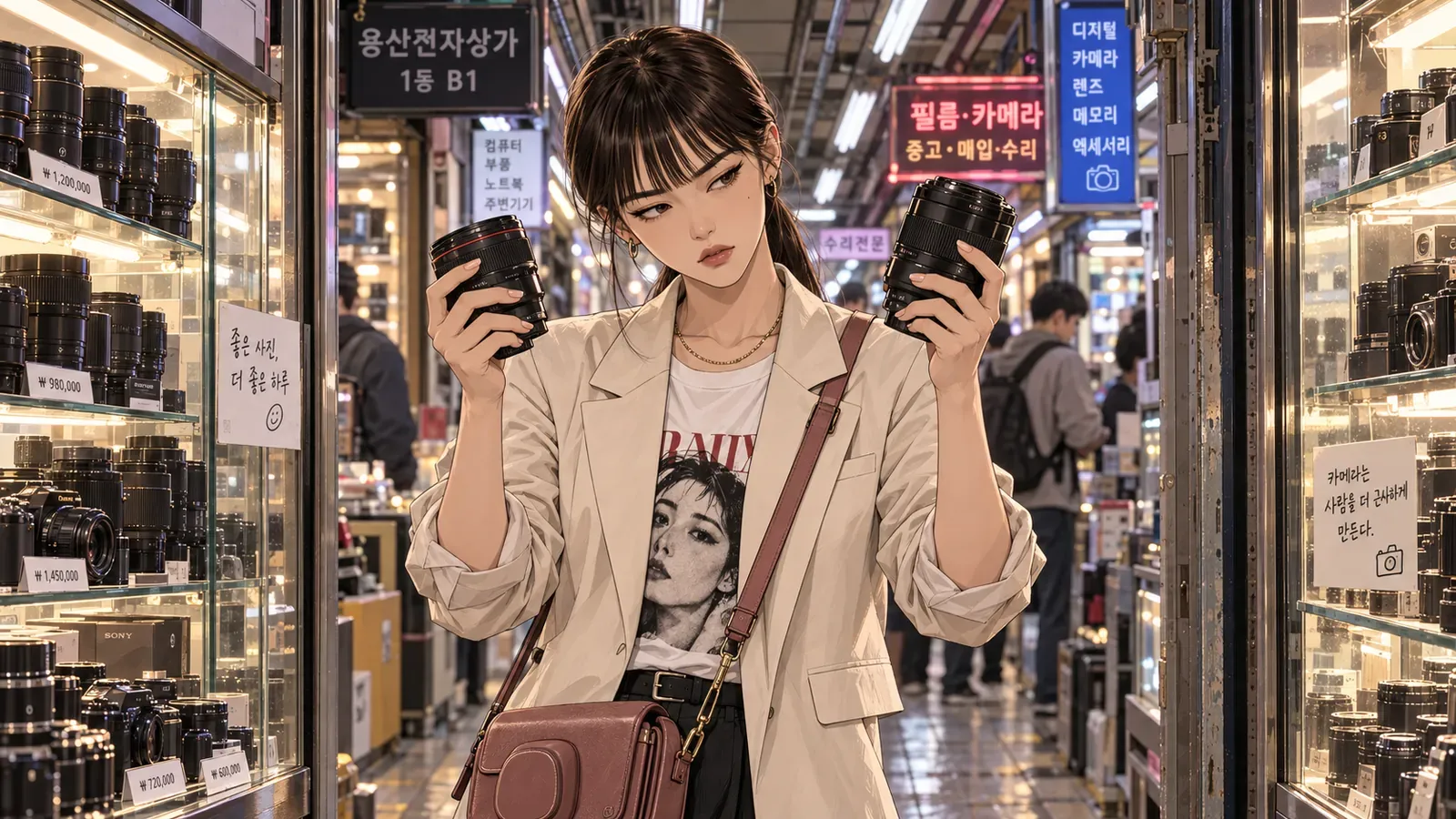 A shopper compares camera lenses inside an electronics market